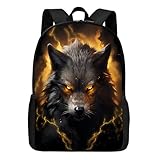 Huke Kids Wolf Backpack for Boys Girls, Cool Black Gold Lightning Backpack for School & Travel, Big Kids Child Backpacks, Elementary Middle High College Student Bookbag, Fire Wolf, 17 Inch