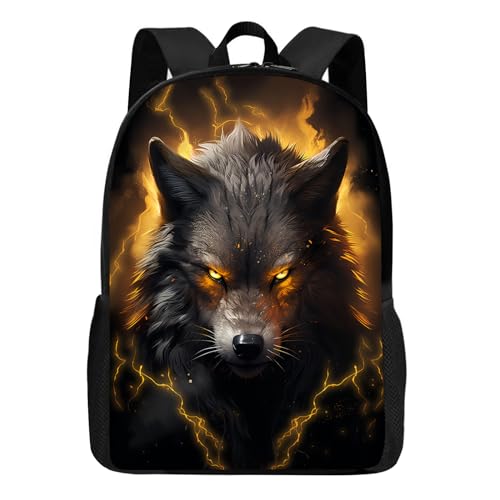 Huke Kids Wolf Backpack for Boys Girls, Cool Black Gold Lightning Backpack for School & Travel, Big Kids Child Backpacks, Elementary Middle High College Student Bookbag, Fire Wolf, 17 Inch
