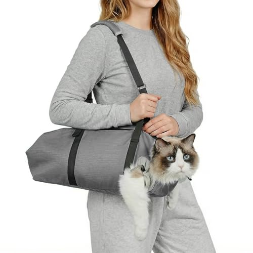 Pawfun Cat Carrier Pouch Soft Cat Grooming Restraint Bag for Vet Visits Nail Trimming & Medication Comfortable Cats Carry Bag with Bottom Support for Car Travel Grey S