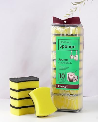 Image of Kitchen Cleaning Sponge - Scrub Sponge Kitchen, with black Scouring Pad, Pack of 10, Double-Sided Material, Double Side Effect, Polyester and Sponge, yelow /black