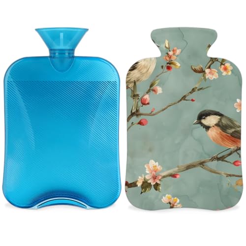Hot Water Bottle with Soft Cover,2L Colorful Bird Hot Water Bag for Hot and Cold Compress, Hand Feet Warmer, Watercolor Bird Rubber Hot or Cold Water Bottle Halloween Christmas Decorations