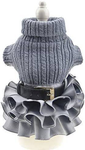 FLAdorepet Winter Warm Dog Sweater Dress Tutu Skirt Pet Cat Knitted Clothes for Small Medium Dog Girls (Medium, Grey)