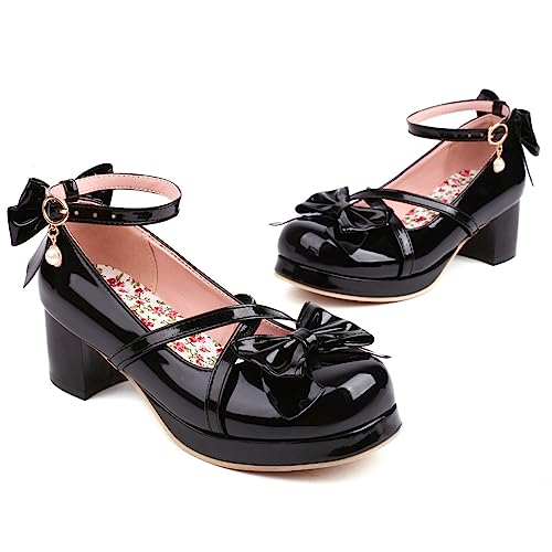Womens Round Toe Ankle Strap Mary Janes Patent Platform High Heels Pumps Bow Kawaii Chunky Mid Heel Closed Toe Cute Goth Strappy Dress Shoes2