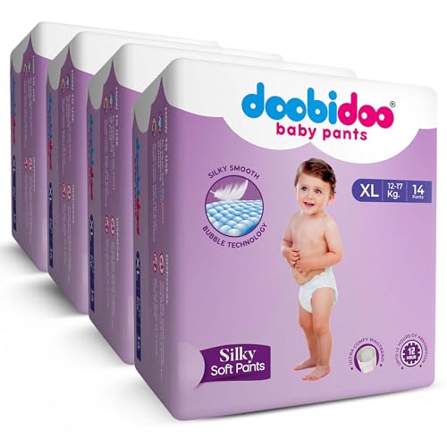 Image of Doobidoo Silky Soft Baby Pants Diapers - XL Size (Pack of 4, 56 Count) | All-Round Softness with Bubble Soft Topsheet & Anti-Leak Side Cuffs (12-17 kg)