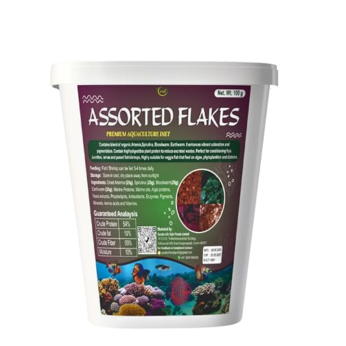 Fish Food Assorted Flakes 100 Gram (4 in 1 Combo Layer Packing) 25 Gram of Artemia, Spirulina, Blood Worm and Earthworm Flakes,Fish Feed for All Type Aquarium Fishes