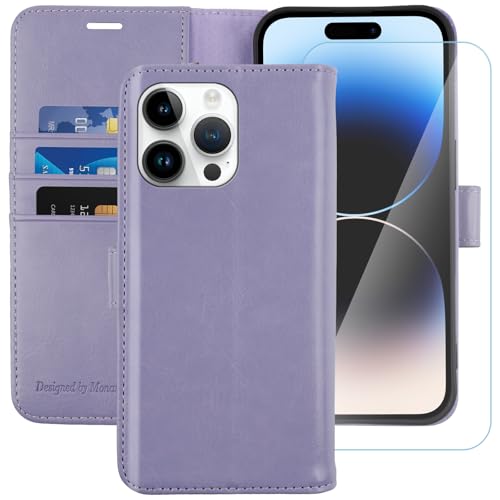 Image of MONASAY Vegan Leather Fit for iPhone 14 Pro Max 5G Wallet Case, 6.7-inch, [Glass Screen Protector Included] [RFID Blocking] Flip Folio Phone Cover with Credit Card Holder,Lavenders