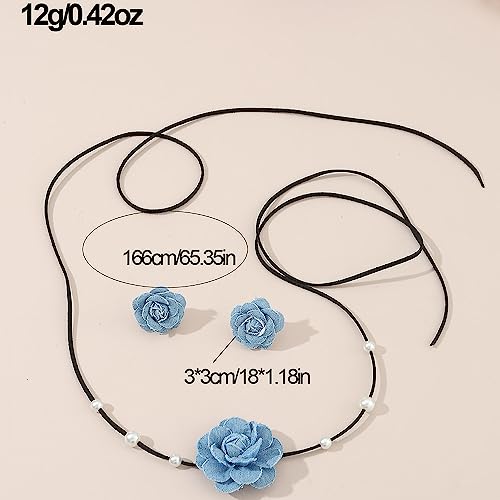 Denim Camellia Flower Choker Necklace and Jeans Floral Stud Earrings Set Fabric Cloth Blue Blossom Faux Pearl Callor Chain Adjustable Pendant Necklaces Fashion Jewelry Gifts for Women Girls2