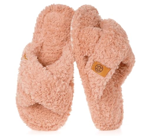 Dokela Fuzzy Open Toe Slippers for Kids Girls Boys Memory Foam Cozy Cross Band House Shoes Non-Slip Soft Lightweight Slip On Home Bedroom Slippers Indoor Outdoor