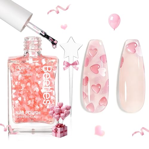 Beetles Easter Nail Polish - Pink Limited Heart Sweetheart Glow Glitter Top Coat 15ml/0.51Fl Oz - Long-Lasting Quick Dry Spring Nail Polish DIY Spring Nails Art Easter Nails Gifts for Her