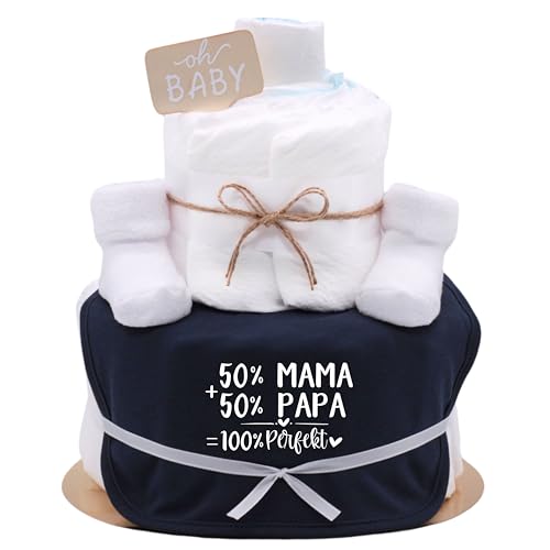 Trend Mama| Spr&uuml;che Windeltorte | Junge | 50% Mama +50% Papa = 100% Perfect | 27 Windeln (Gr.2) Baby L&auml;tzchen, Babysocken |Babygeschenk