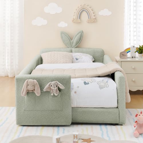 Image of Twin Size Kids Bed with Rabbit Ear Headboard, Upholstered Boucle Fabric Twin Daybed with Slats Support & Side Pockets, Space-Saving Wooden Corner Sofa Couch Bed Frame for Girls, Boys, Teenager(Green)