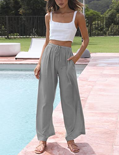 Faleave Women's Cotton Linen Summer Palazzo Pants Flowy Wide Leg Beach Trousers with Pockets(Grey-L), Grey, L