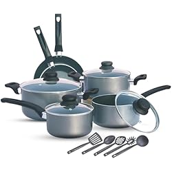 Cacerolas Calphalon Kitchen King - Juego de ollas y sartenes de 15 piezas con tapas, sartenes antiadherentes, cacerolas y cacerolas con 5 cucharas diferentes, juego de cocina de fusión sin PFOA, acabado brillante (gris)