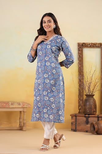 Image of Ichaa Women's Pure Cotton Embroidered V-Neck Ethnic Kurta with 3 /4th Sleeve for Daily and Office Wear, in Plus Sizes