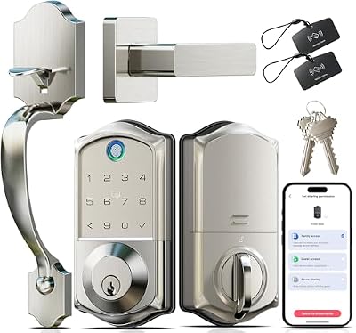 Veise VE017-H Fingerprint Smart Front Door Lock Set, App Control, Keyless Entry Deadbolt with Handle, Smart Deadbolt, Emergency Power Port, Touchscreen Keypad, Auto Lock, Easy Install, Satin Nickel