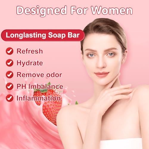 Image of 4 Pcs Yoni Soap Bar, Natural Yoni Bar For Women Ph Balance, Feminine Wash Vaginal Care Soap Bars with Foaming Net, Eliminates Odor, Strawberry, 3.53 oz