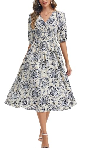 Image of Kormei Women Casual Boho V Neck 3 /4 Sleeve Smocked Waist A Line Flowy Swing Midi Dress Smocked Long Dress