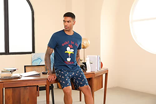 Jezonga Schlafanzug Herren Kurz Pyjama Lustig Baumwolle Shorty Nachtwäsche Zweiteilige Pyjamas mit Hahn T-Shirt und Schlafanzughose für Männer,Dunkelblau,L