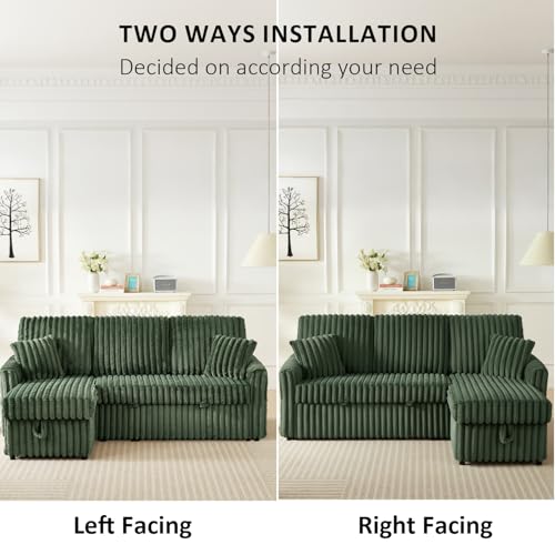 Image of KCGKCG 81 inch Sleeper Sofa Bed with Storage Chaise & USB Charging, Plush Corduroy L-Shaped Pull Out Couch Bed, Sectional Couches for Living Room with Cup Holder, Side Pocket(Green)
