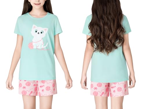 Beezizac Girls Cotton Sleepover Pajama Set for Little & Big Girls Short Sleeve Set 2-Piece PJ Size 4T-182