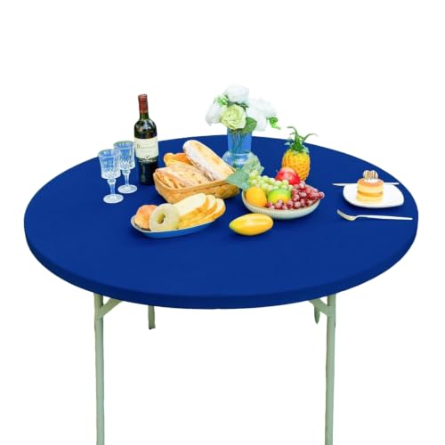 Highdi Mantel Redondo con Bordes Elásticos para Ø 120-152cm, Antimanchas Ajustable, Protector de Mesa para Fiesta, Comedor, Hogar y Jardín Exterior (Azul,60 po)
