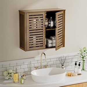 HITNET Medicine Cabinet, Bathroom Storage Cabinet Wall Mounted, Over The Toilet Space Saver Organizer with Doors and Bamboo Shelves, Walnut HITNET Medicine Cabinet Bathroom Storage Cabinet Wall Mounted Over The Toilet Space Saver Organizer with Doors and Bamboo Shelves Walnut