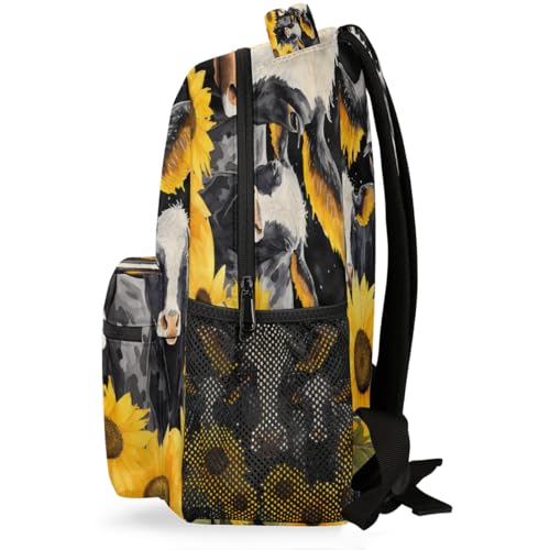 Retro Sunflower Cow Floral Kids Backpack, Lightweight School Bookbag Large Capacity Laptop Backpack Water Resistant Daypack Shoulder Bag for Teenager Boys Girls 5