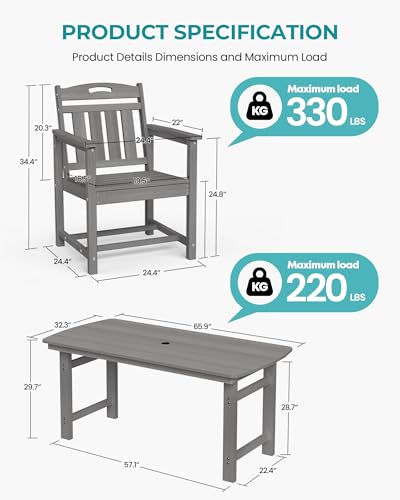 Image of Outdoor Rectangle Dining Table, Heavy-Duty HDPE Table for 6, Weatherproof Patio Table with Umbrella Hole, Rounded Corners for Safety, Grey