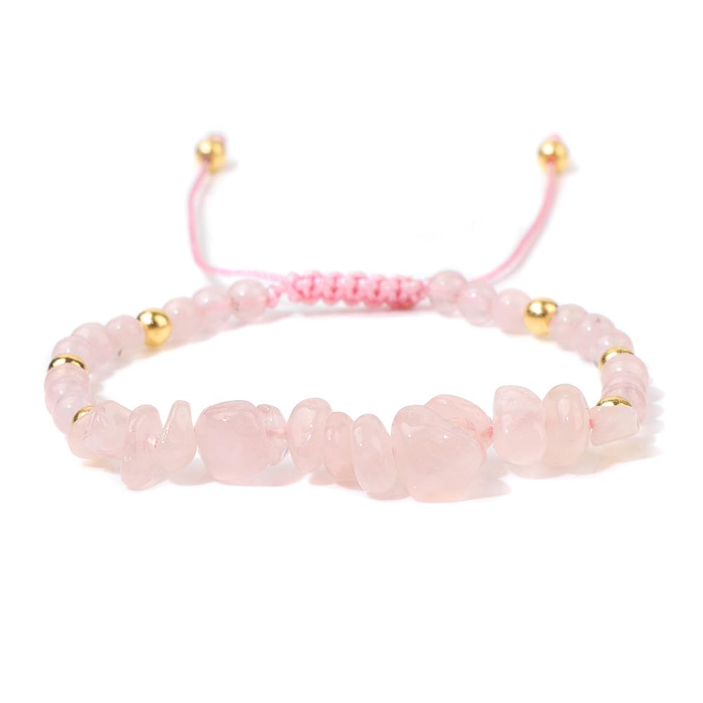 Rosenquarz Splitterarmband Echtes Edelstein Armband für Damen Herren, 5-8mm Natürliche Kristall Heilstein Armband Geflochten Einstellbar Perlenarmband Glücksbringer Schmuck Geschenk