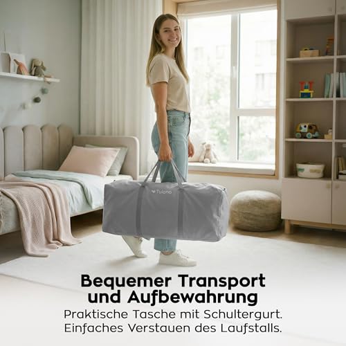 Tulano Cozy 20 Laufstall Baby 130x130 cm mit Boden – Spielgitter für Babys 6 bis 36 Monate – Tragbar Innen Außen – Faltbar – Netzwände – Metallrahmen – Kinderschutz – Reisegitter – Laufgitter – Grau