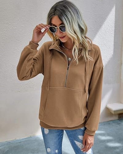 Image of PRETTYGARDEN Women's Casual Long Sleeve Zipper Sweatshirt Drawstring Loose Quarter Zip Pullover Tops with Pockets