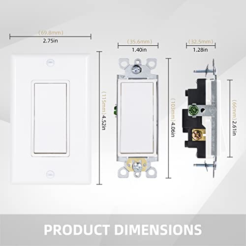 [10 Pack] Thunderway 3-Way Decorator Wall Light Switch With Wall Plates, On/Off Paddle Switch, Gloss Finish, 15 Amp 120/277 Volt, Ul Listed, Residential Grade (White) #TOP1