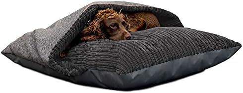 rucomfy Fibre-Filled Medium Burrower Calming Dog Bed with Comfort Blanket - Machine Washable Jumbo Cord Pet Bed with Water Resistant Base - 70 x 85 x 20cm (Mustard)