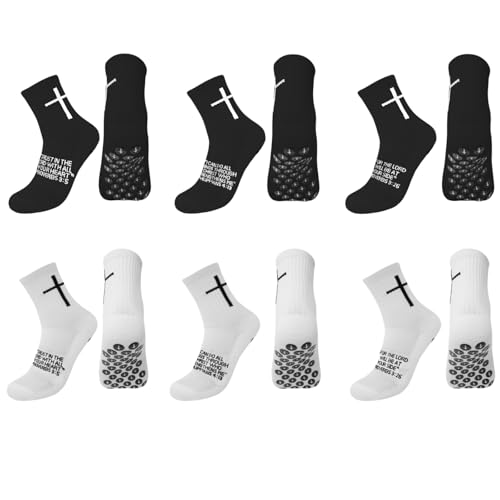 6 Pairs Youth Grip Soccer Socks with Cross - Anti-Slip Grips Kids Socks with Bible for US 5-10
