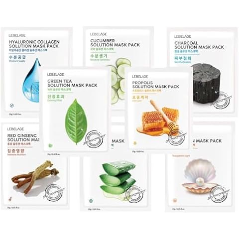 LEBELAGE Radiant Complexion 8-Pack,Total Masks Facial Masks: Luxurious Skin Care Set with Aloe Vera, Activated Charcoal, Hyaluronic Acid, Cucumber Essence, Pore Purifying. Cover