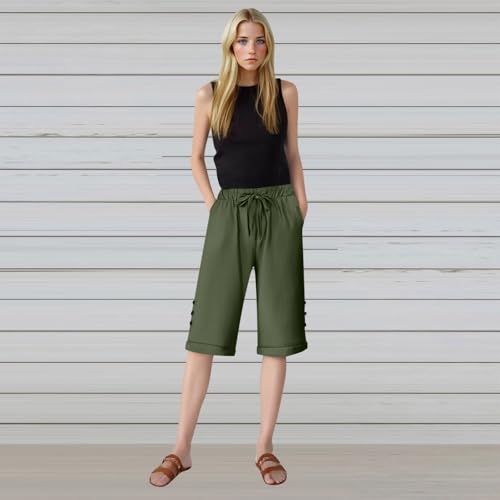 Womens Knee Length Shorts Drawstring Waisted Buttons Summer Dressy Causal Lightweight Pants with Pockets3