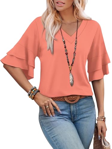 Image of OFEEFAN Spring Tops for Women Boho Shirts Fashion Clothing Cute 3 /4 Length Sleeve Blouses Dressy Casual Summer Outfits