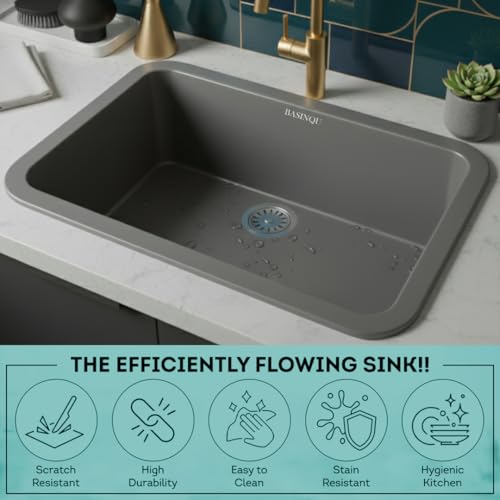 Image of BASINQU Quartz Sink for Kitchen | 24x18x9 Inches Grey Single Bowl Sink For Kitchen Basin Round Corner Kitchen Sink | Granite UV Protected Scratch Resistant, Undermount /Topmount Kitchen Sinks
