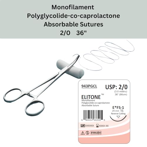 Image of ELITONE Veterinary Monofilament Polycaprolactone Absorbable Sutures, Reverse Cutting, 3 /8 Circle, 24mm, 2 /0 36 inch (91cm), FS1, 12 Individual Pack, 943PGCL