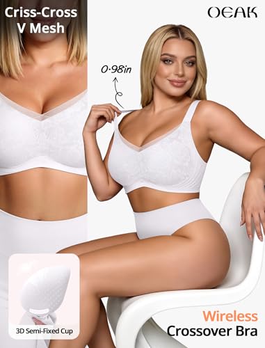 Image of OEAK Women Wireless Jelly Bra Supportive Full Coverage Plus Bras | Comfortable Bralette,No Underwire,Tshirt,Support&Lift,Push Up,Crossover,V Mesh,Everyday,Breathable,Convertible Straps