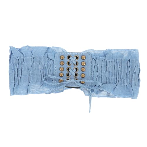 DEARMAMY Elastic Denim Girdle Macrame Waistband Stretch Belt Lace-up Waist Cincher for Women Casual Fashion Light Blue