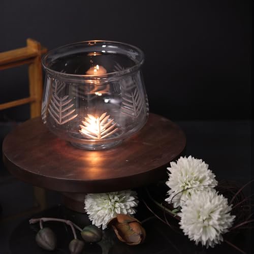 Image of KALAKRITI Bell Shape Glass Flower Vase 6 Inch | Transparent Flower Vase with Frosted Leaf Etched Pattern | Decorative Modern Table Centerpiece for Home, Living Room, Bedroom & Office Decor - Pack of 2
