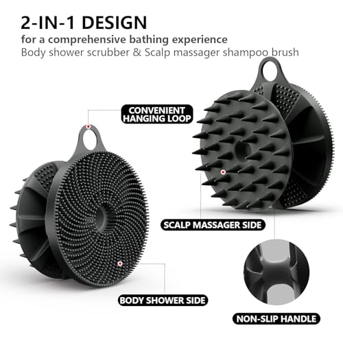 Image of 2 In 1 Silicone Brush, Body Shower Scrubber And Scalp Hair Massager Shampoo Brush, Deeply Cleansing Skin, Dandruff Removal And Hair Growth, Gentle For Women Men Sensitive Skin (Black)