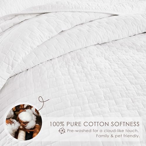 Image of palassio White 100% Cotton Quilt Queen Size Bedding Sets with 2 Pillow Shams, Textured Lightweight Soft Bedspread Shabby Chic Coverlet, Quilted Comforter Bed Cover for All Season, 3 Pieces