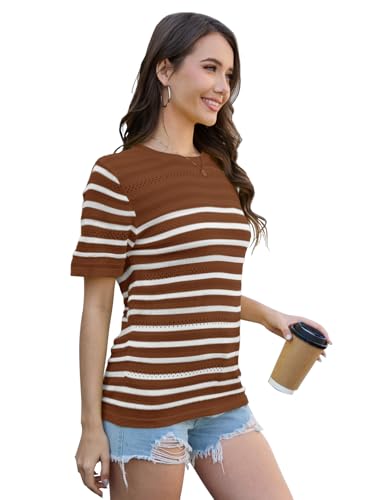 Image of ANCAPELION Women's Short Sleeve Sweater Top Striped Knit Crew Neck Pullover for Summer Trendy Shirts