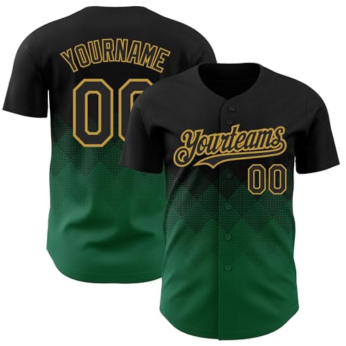 Custom Men Women Baseball Team Jerseys Black Kelly Green and Old Gold Fashion Gradient Softball Shirts Rhombus Pattern, Personalized Full-Button Short Sleeve Sports Practice Uniforms Top for Youth Boy
