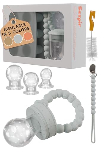 Image of Silicone Baby Fruit Feeder Pacifier with Freezer Tray Made from Safe and BPA Free Materials, Suitable for Fruits, Veggies, Puree or Frozen Breast Milk Popsicle Teether with Clip Strap, Gray Speckled