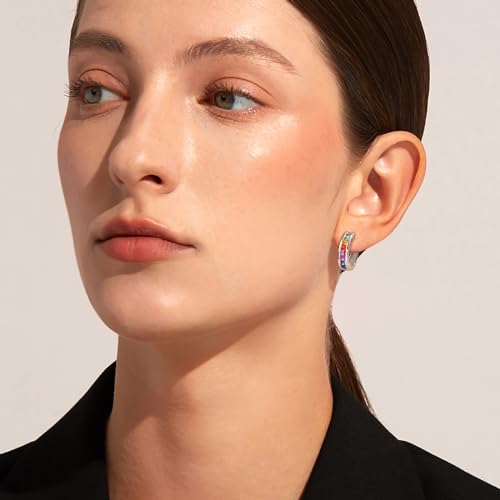 925 Sterling Silver Small Hoop Earrings for Women Girls Colorful Gemstone Emerald CZ Rose Gold Huggie Hoop Earrings2