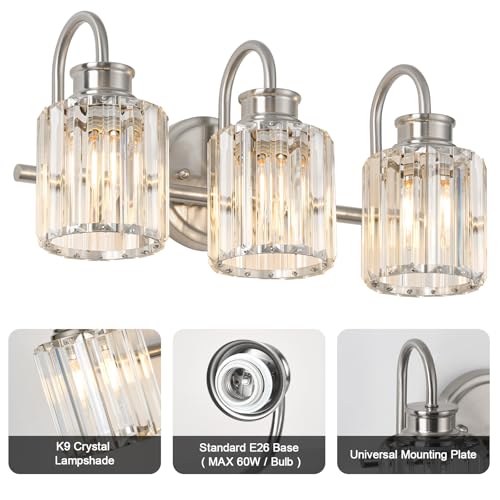 Image of Brushed Nickel Bathroom Light Fixtures with K9 Crystal Lampshade Bathroom Lighting Over Mirror Vanity Lights for Living Room,Bedroom,Restroom,Hallway 3 Lights