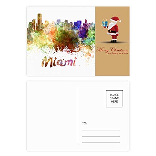 Cartes postales Père Noël lot de 20 aquarelle ville américaine Miami illustration de fête